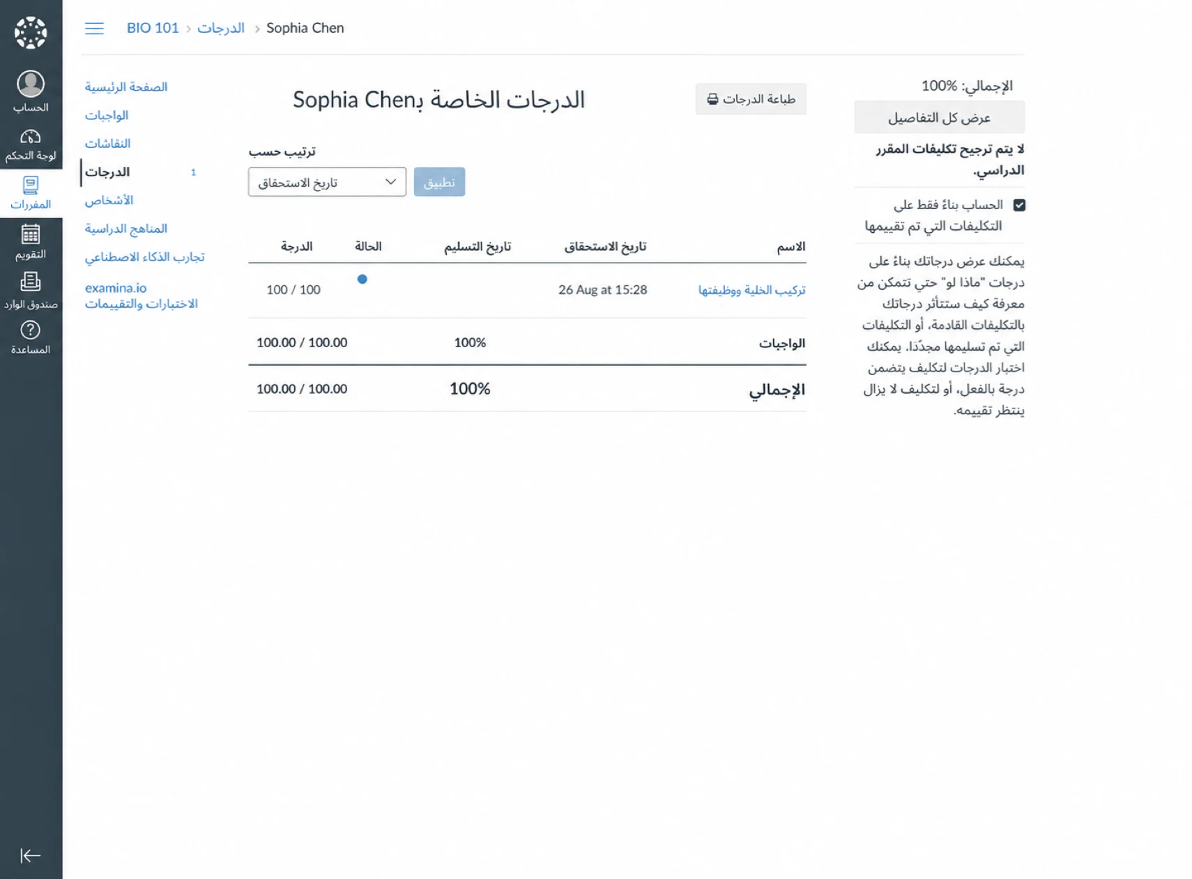 تم إرجاع تقييم examina.io المكتمل إلى دفتر العلامات Canvas