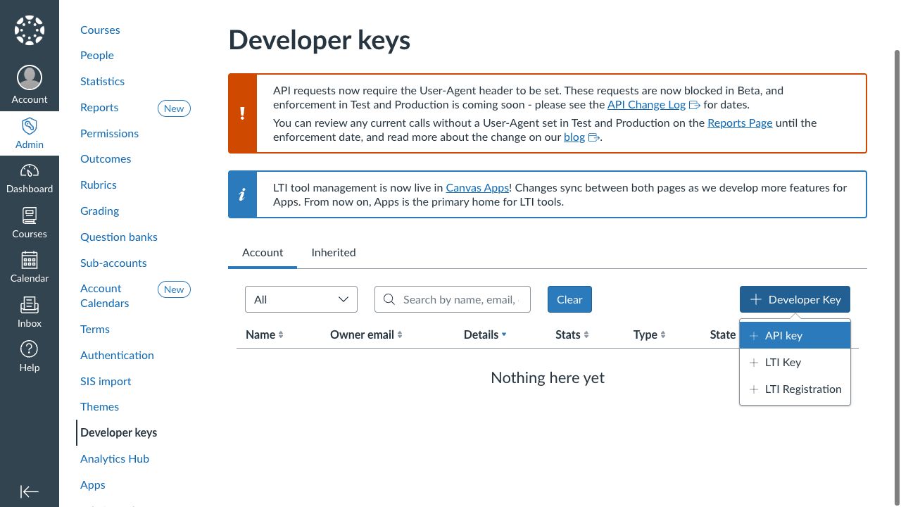 اختر مفتاح LTI من قائمة مفتاح مطور Canvas