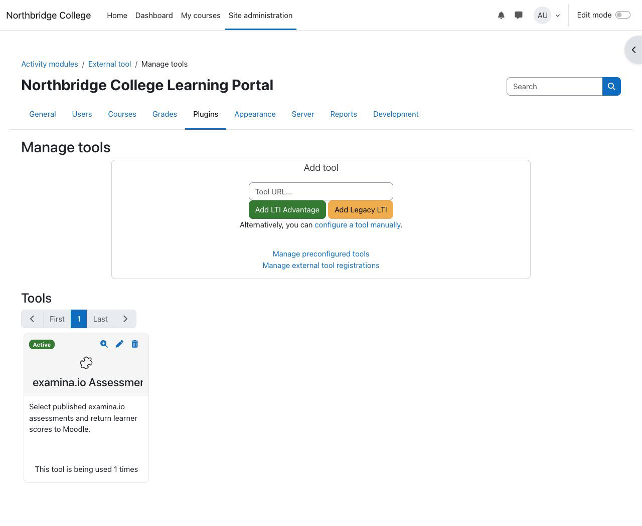 اختر تكوين أداة يدويًا في صفحة أدوات إدارة Moodle