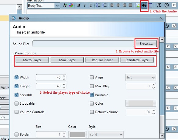Configure audio in a question