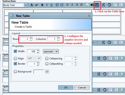 Create a table in a question