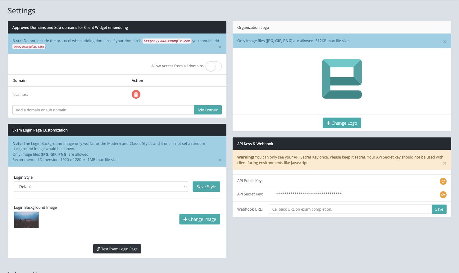 Organization Settings for domains, branding, API keys, and webhook