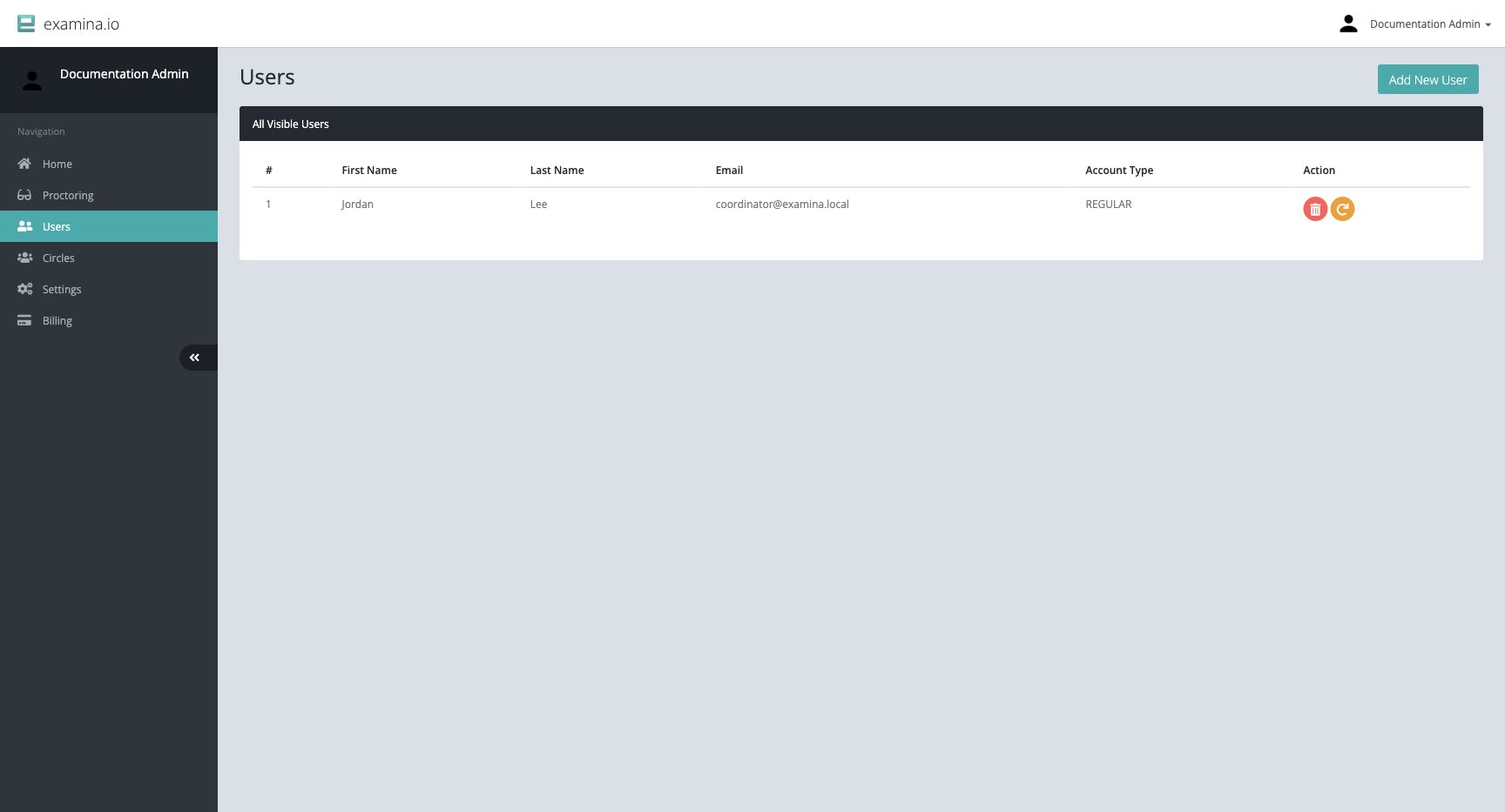 The Users table with a Regular exam coordinator account