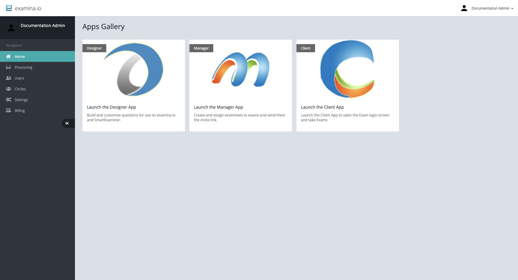 The examina.io app gallery after sign-in