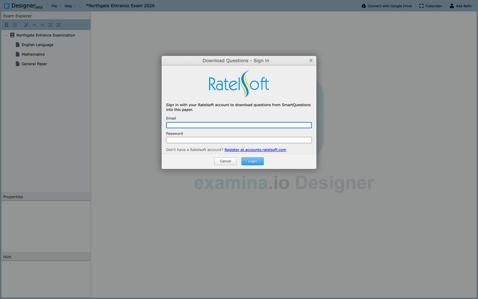 The Download Questions dialog asking for a Ratelsoft account sign-in