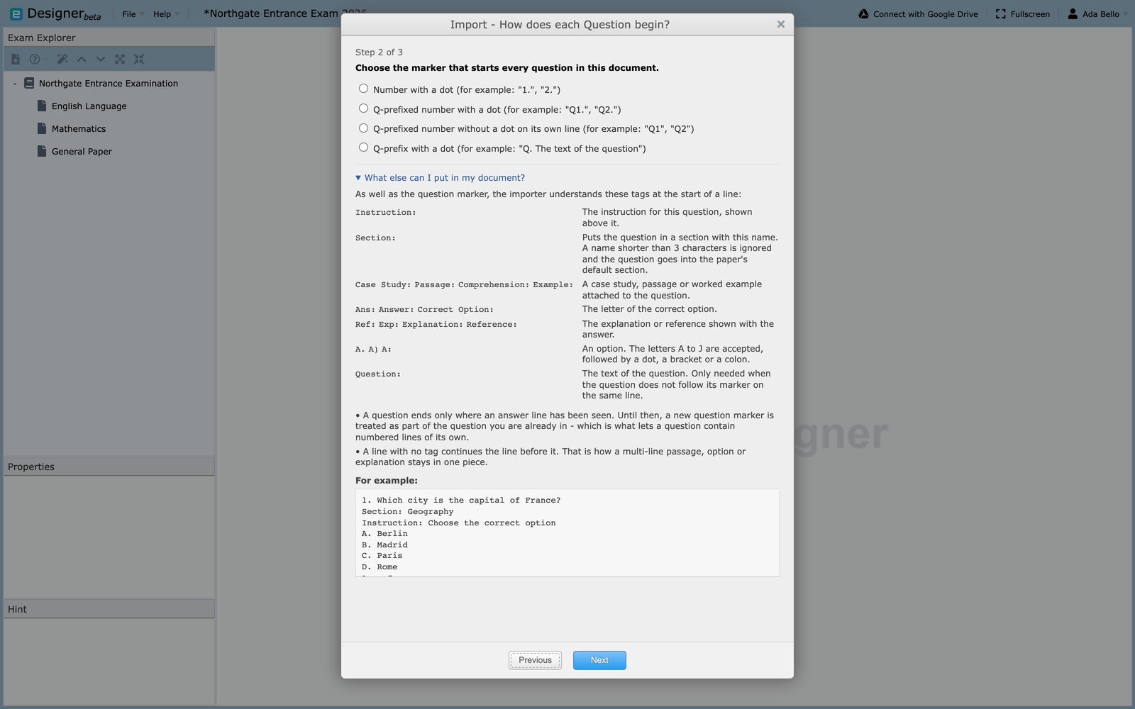Step 2 with the question marker options and the tag panel open