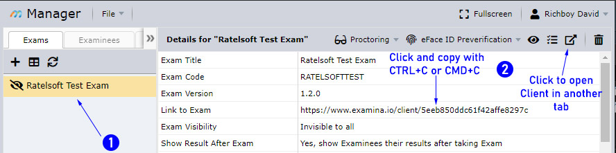 Find the exam link in Manager