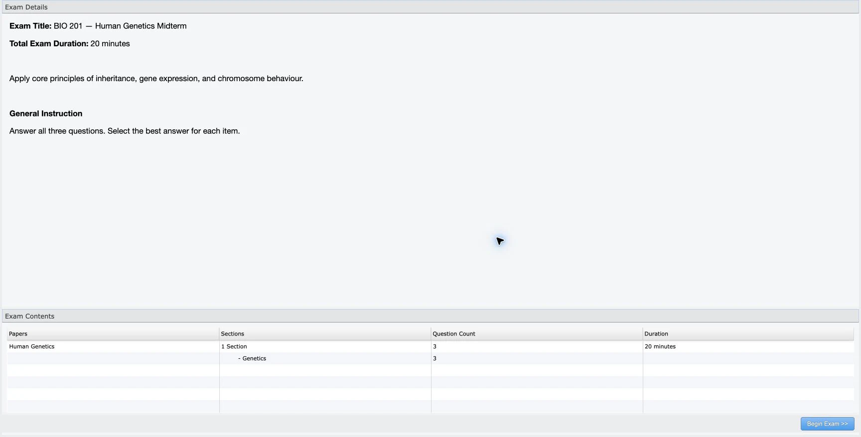 The authorized BIO 201 exam overview shown to the candidate