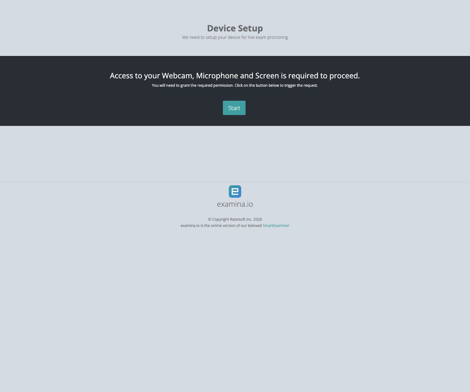 Device Setup before the candidate grants camera, microphone, and screen access