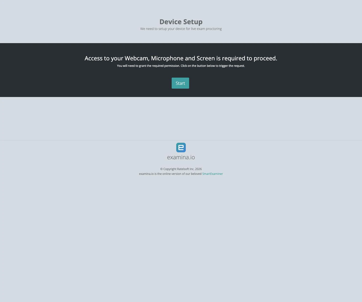 Device Setup before the candidate grants camera, microphone, and screen access
