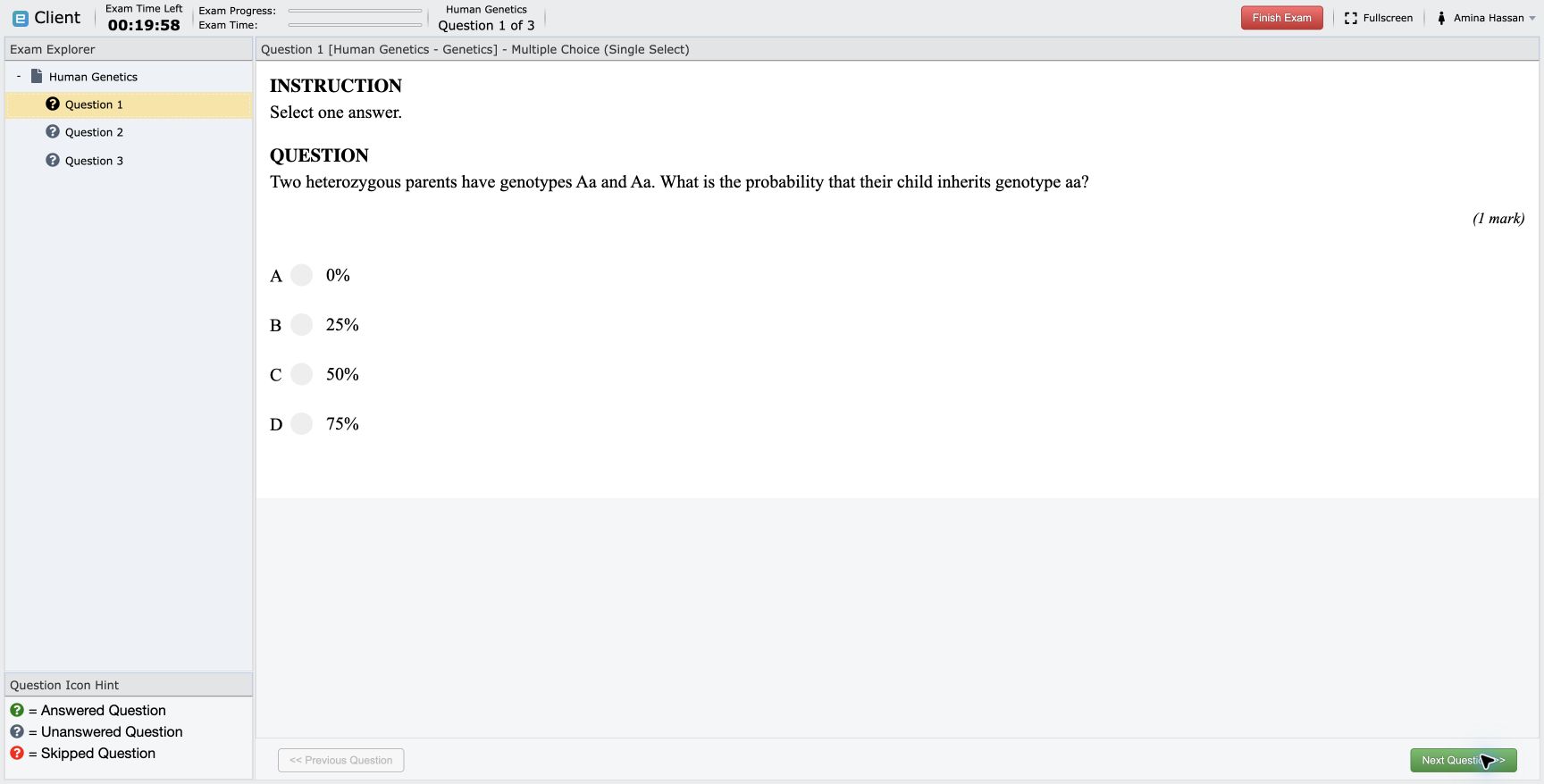 Amina answering a Human Genetics question during the proctored exam