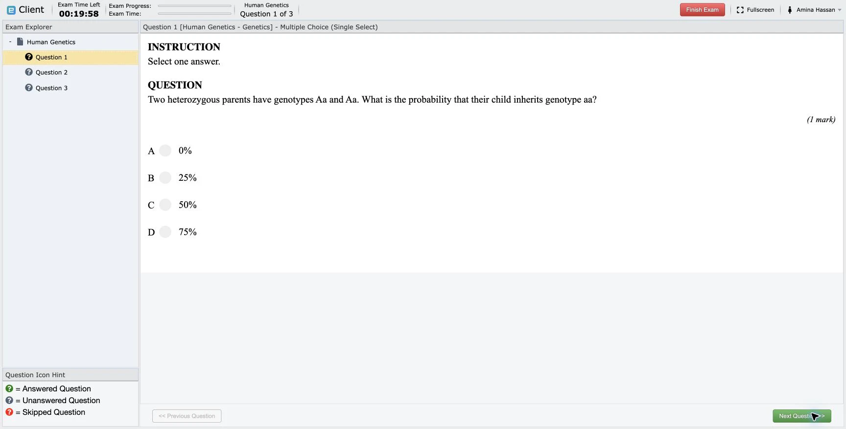Amina answering a Human Genetics question during the proctored exam