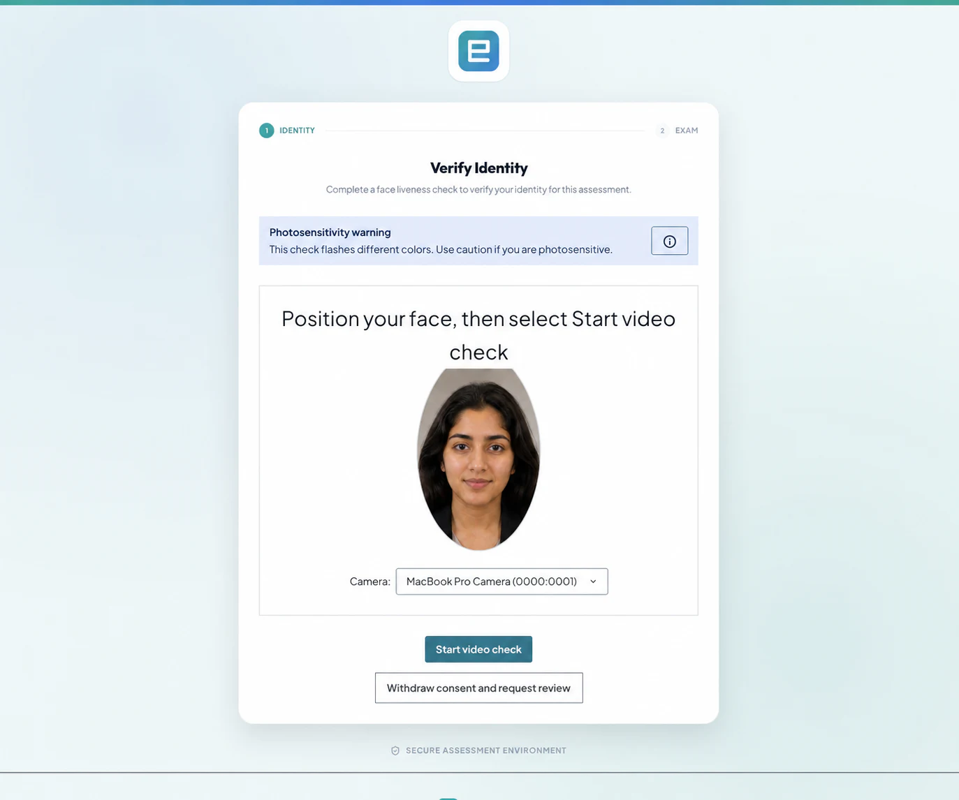 A privacy-safe example of the candidate positioned for liveness
