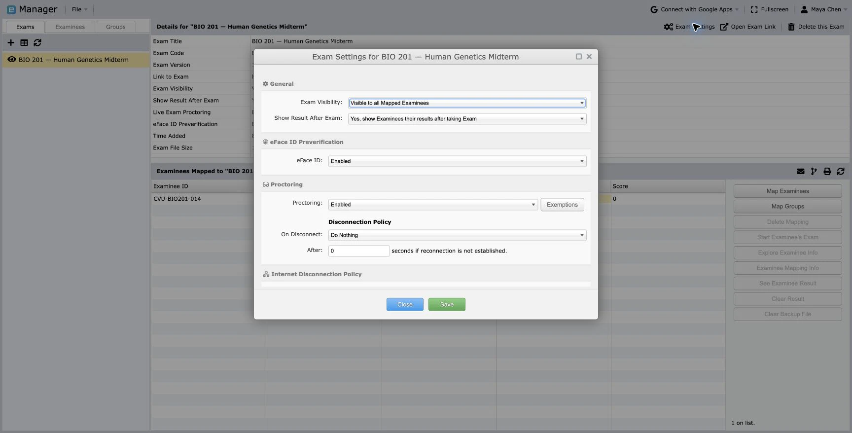 The BIO 201 protection controls with eFaceID and proctoring enabled