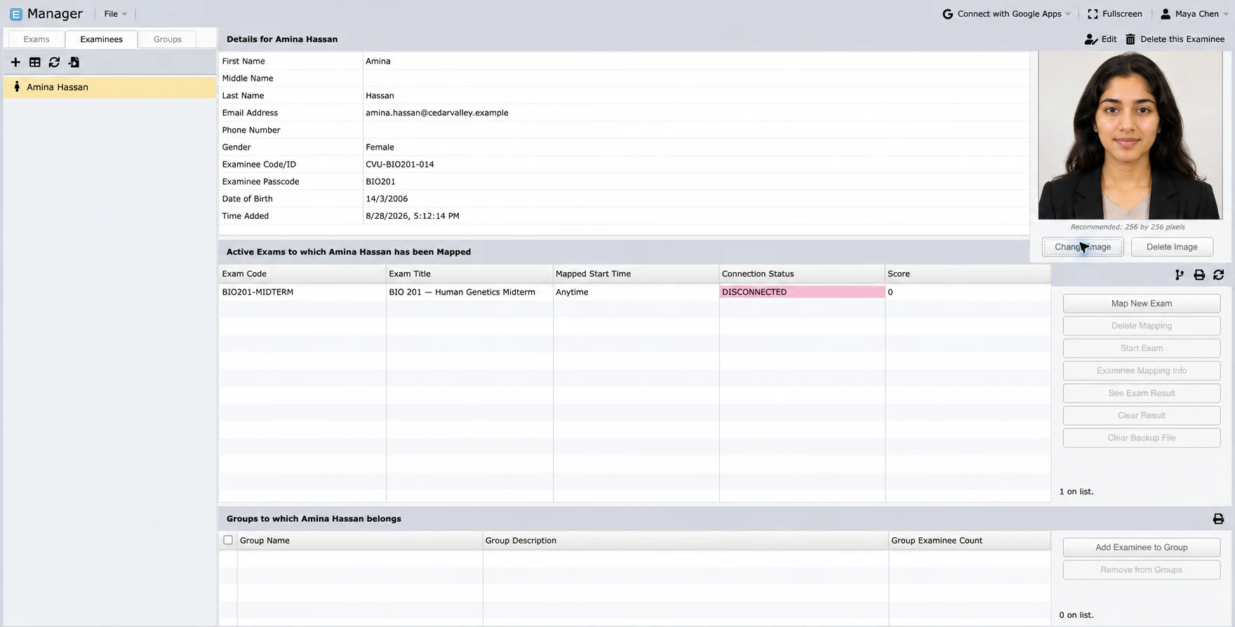 Amina Hassan's candidate record with a clear enrollment portrait