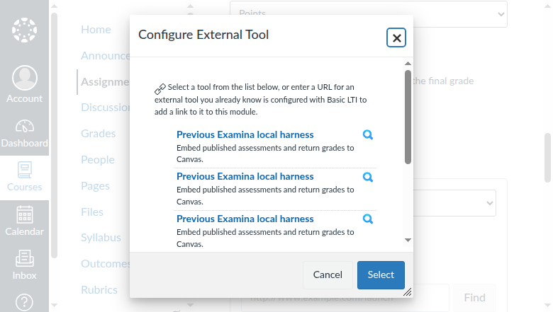 Open examina.io from a Canvas External Tool assignment
