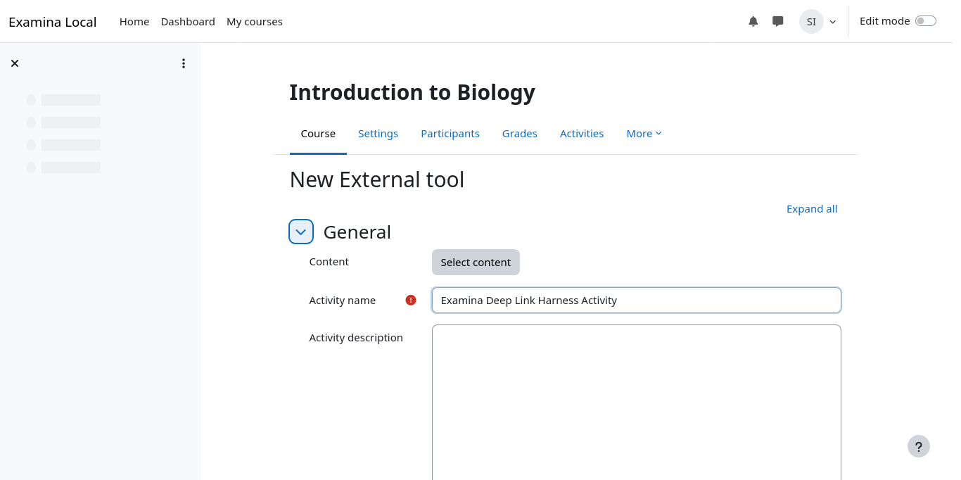 Open examina.io content selection from Moodle