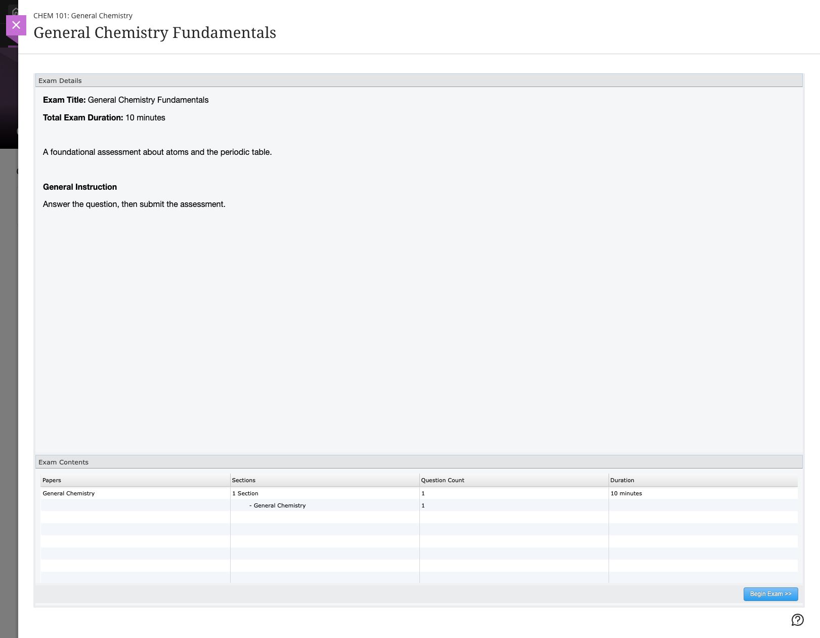 General Chemistry Fundamentals open for a learner in Blackboard Ultra