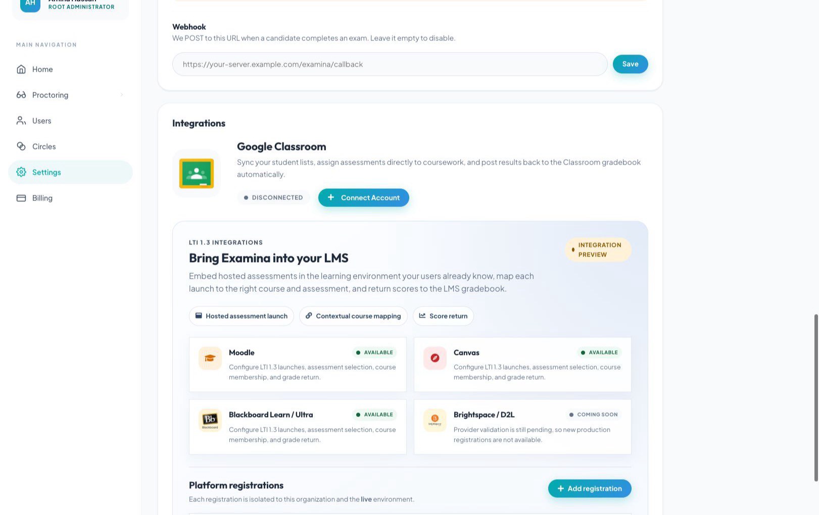 Open the LMS integration area in examina.io Settings