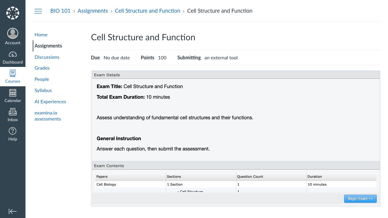 A published examina.io assessment embedded in a Canvas assignment
