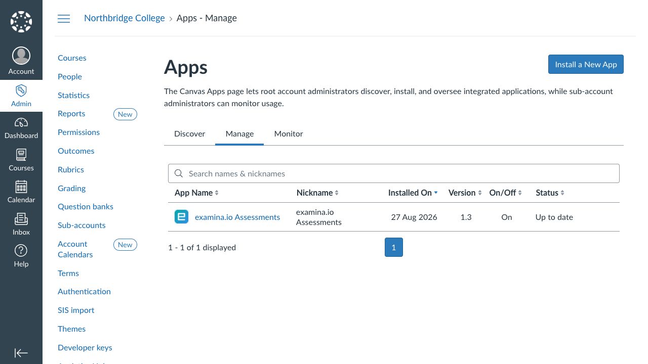 Confirm examina.io Assessments is on and up to date in Canvas Apps