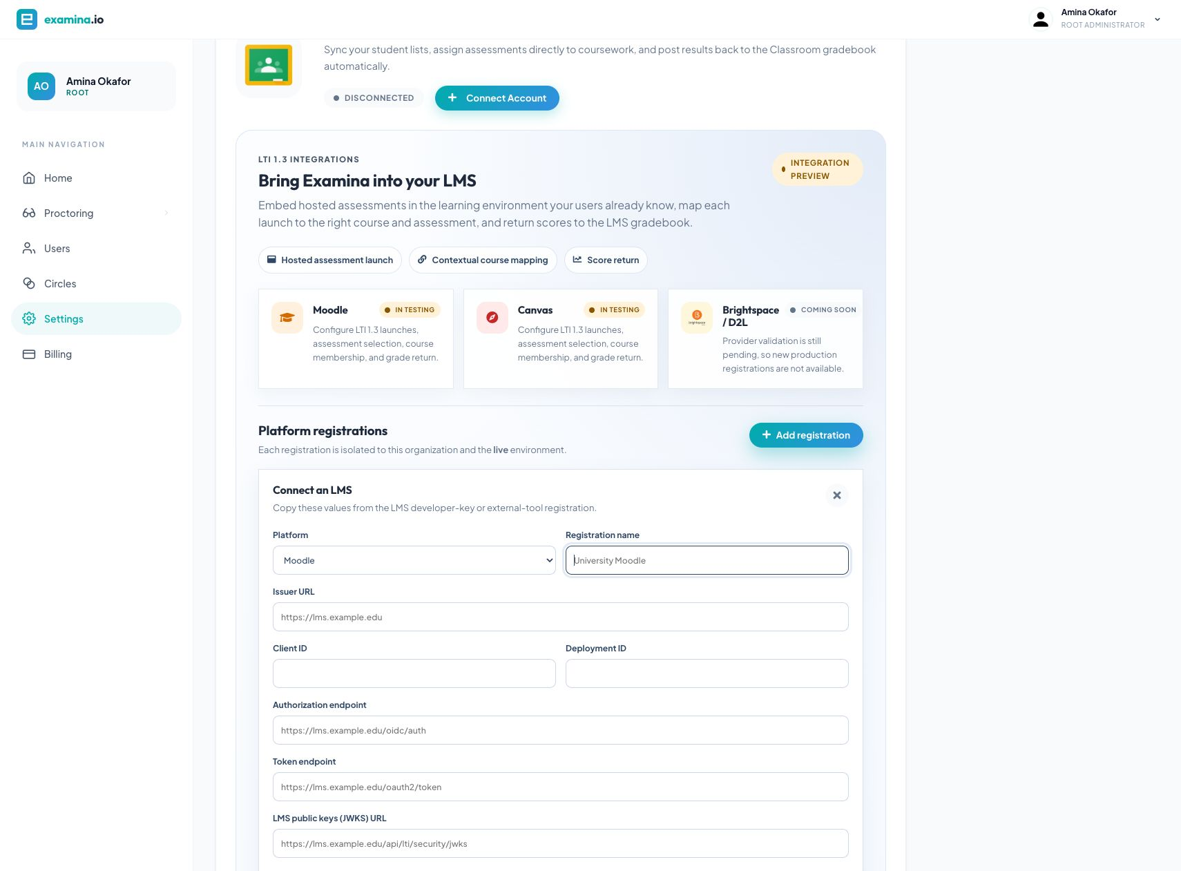 Add a Moodle LTI 1.3 registration in examina.io