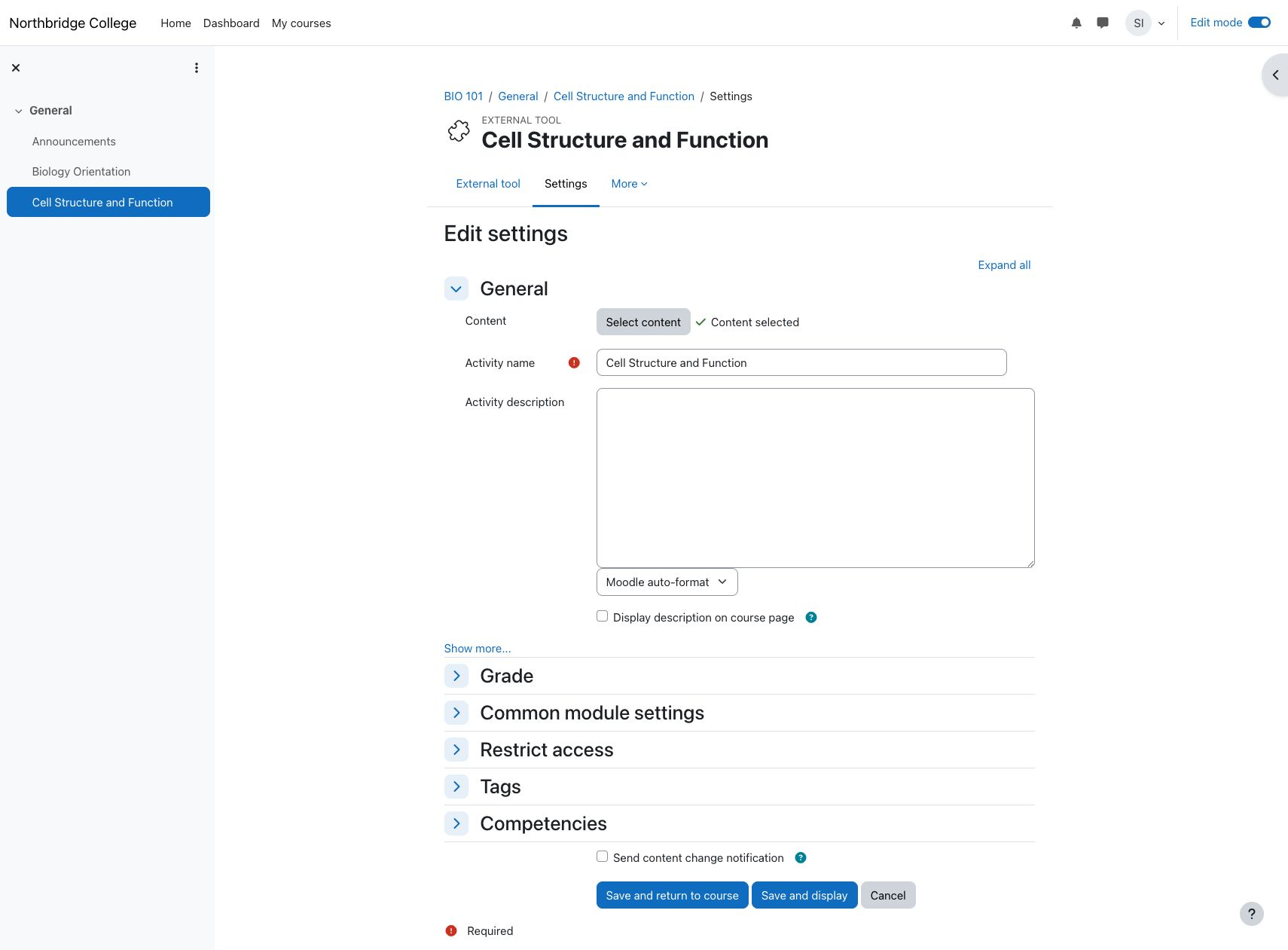 Configure an external-tool activity in a Moodle course