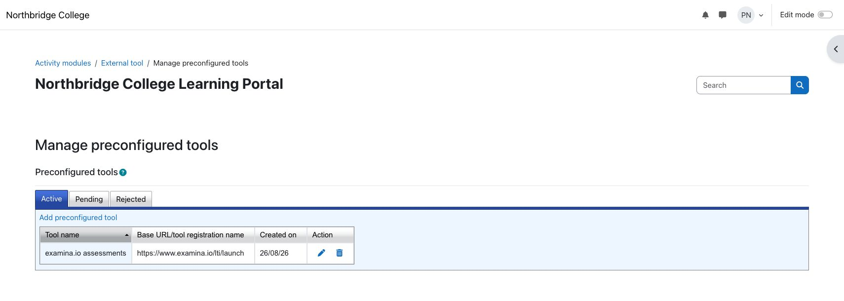 The active Moodle tool using the production examina.io launch URL
