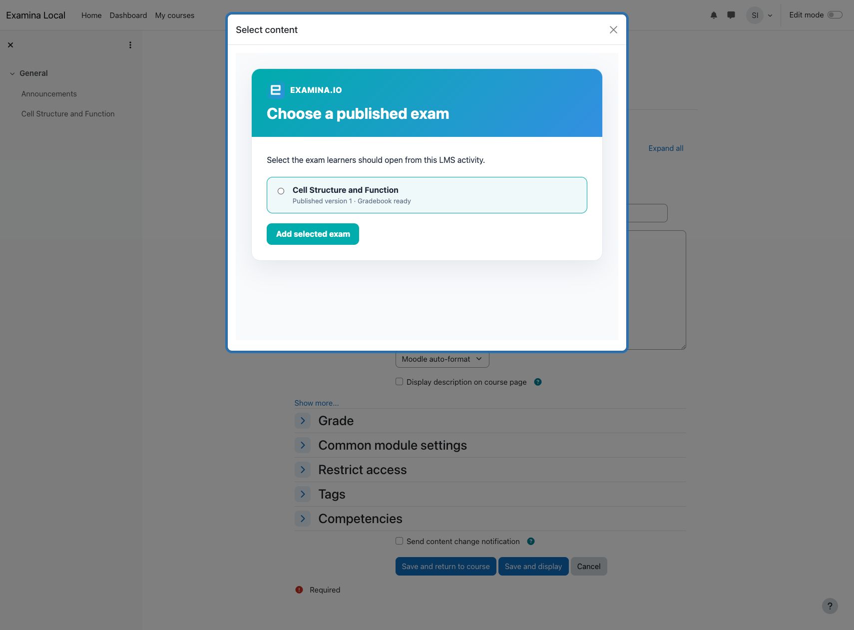 Select a published examina.io assessment from Moodle