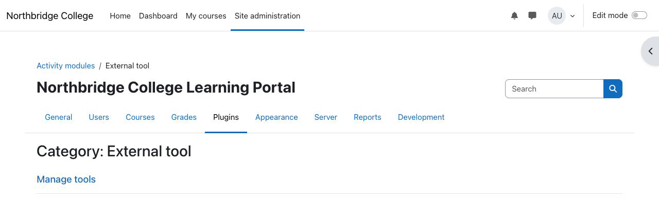 Open Manage tools from Moodle's External tool settings