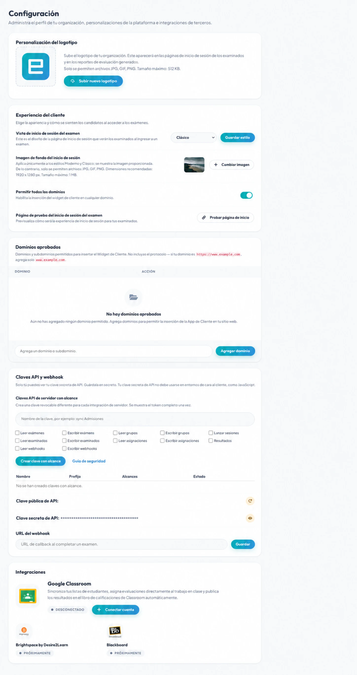 Configuración de la organización para dominios, imagen de marca, claves API y webhook