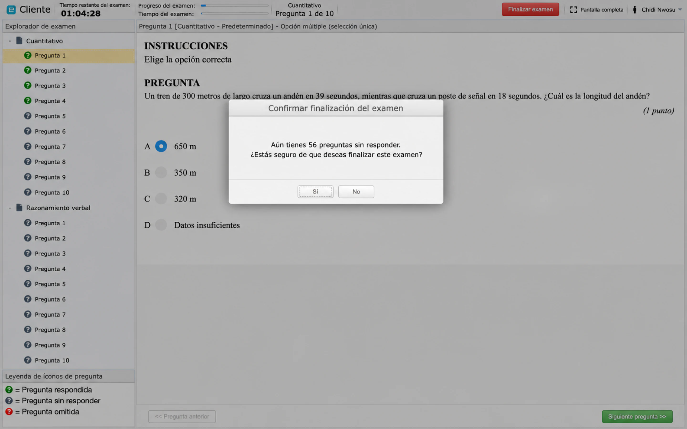 Confirmación de finalización, advirtiendo sobre preguntas no respondidas
