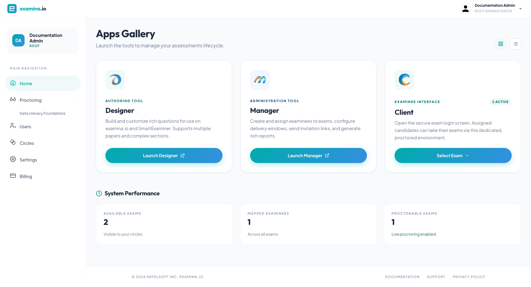 La galería de aplicaciones de examina.io muestra Designer, Manager y Client