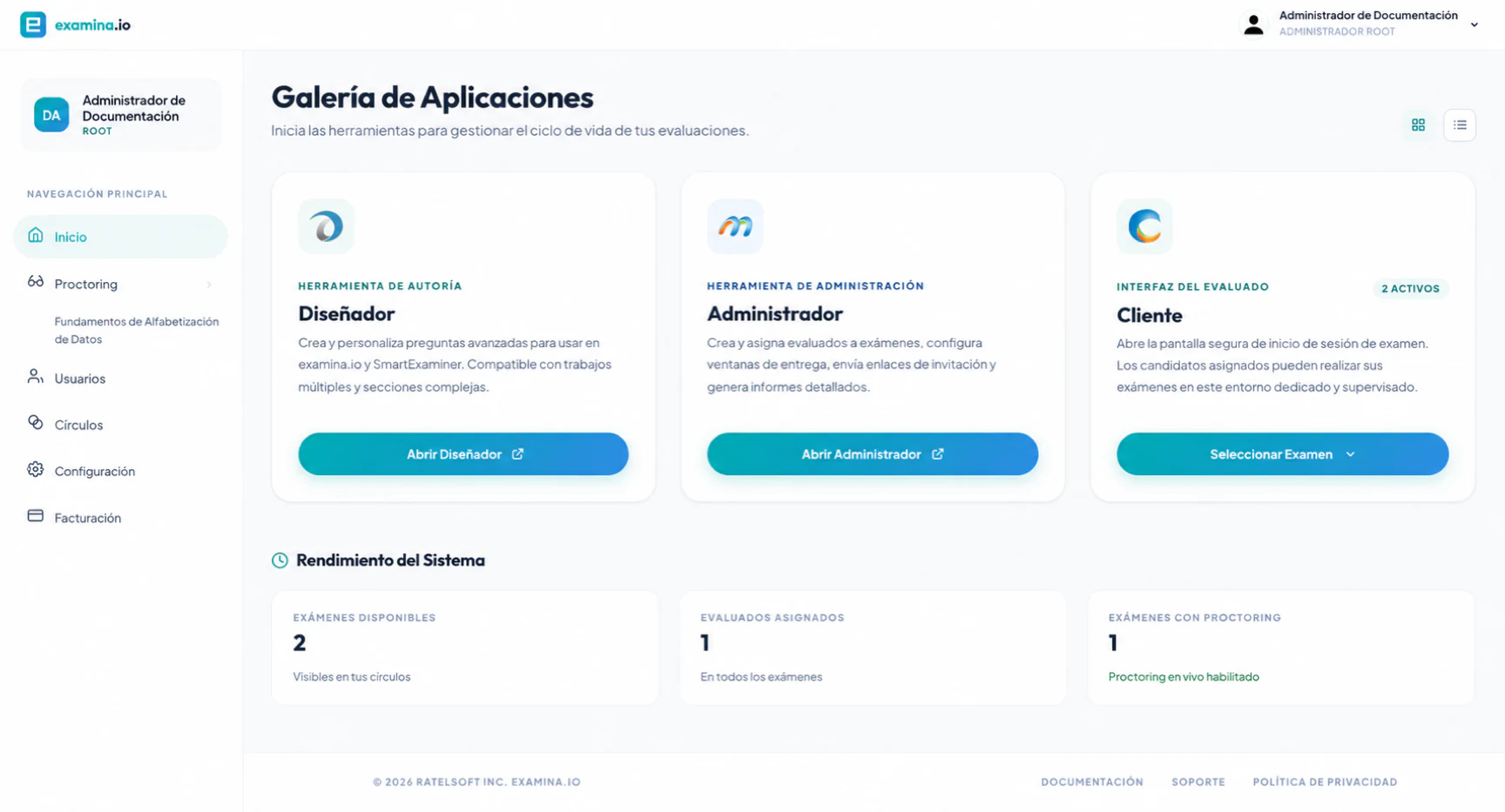 La galería de aplicaciones de examina.io muestra Designer, Manager y Client