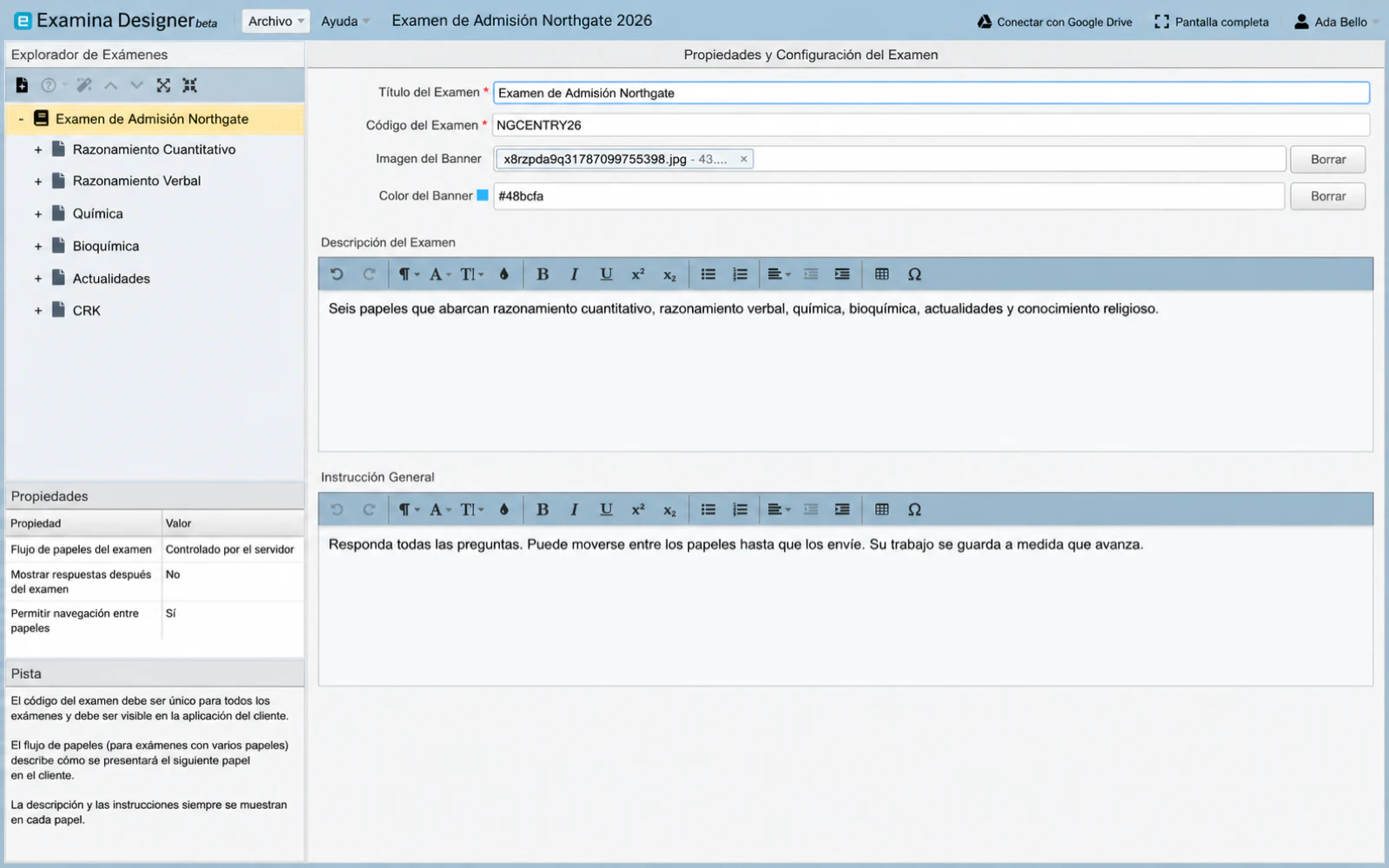 Propiedades y configuración del examen