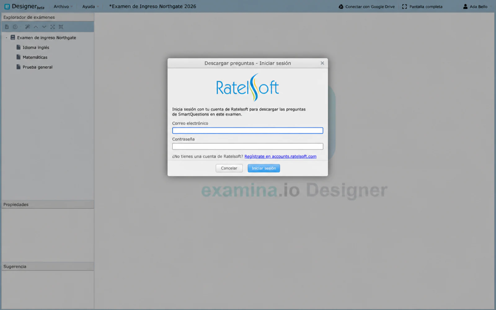 El cuadro de diálogo Descargar preguntas solicitando iniciar sesión con una cuenta de Ratelsoft