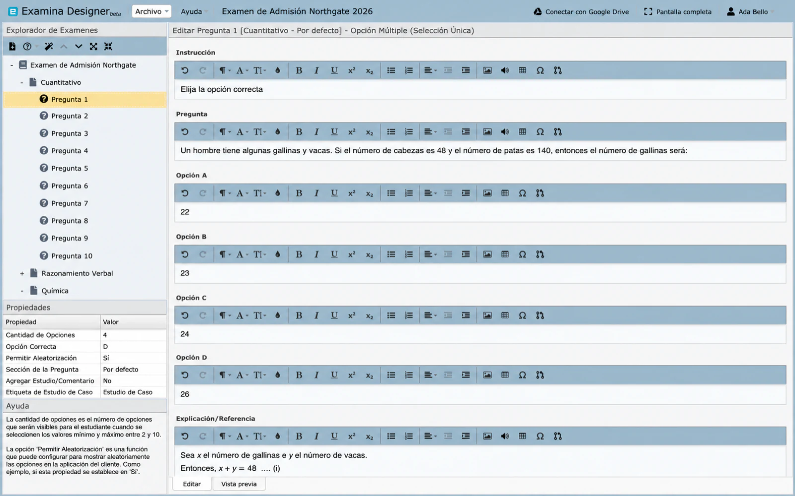 El editor de preguntas, con instrucción, pregunta, opciones y explicación