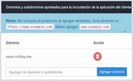 La lista de dominios aprobados para el widget Client