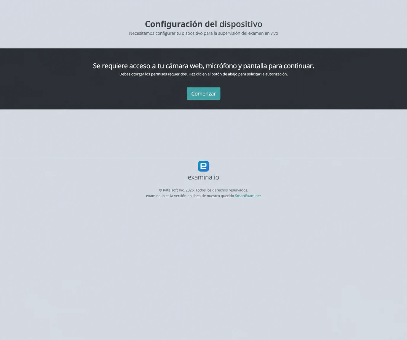 Pantalla previa a permitir cámara, micrófono y pantalla