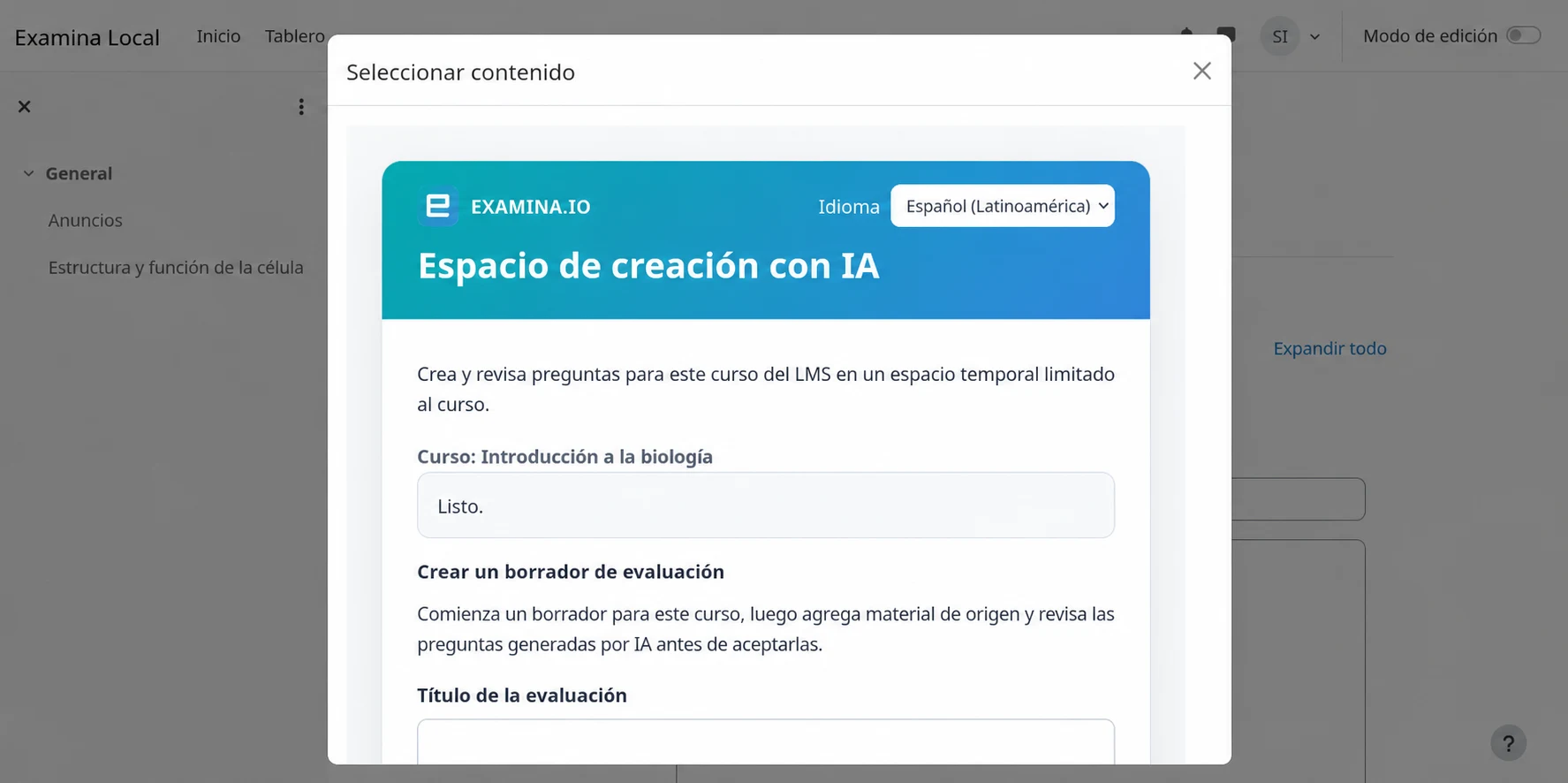 Iniciar un borrador del curso en el espacio de creación con IA