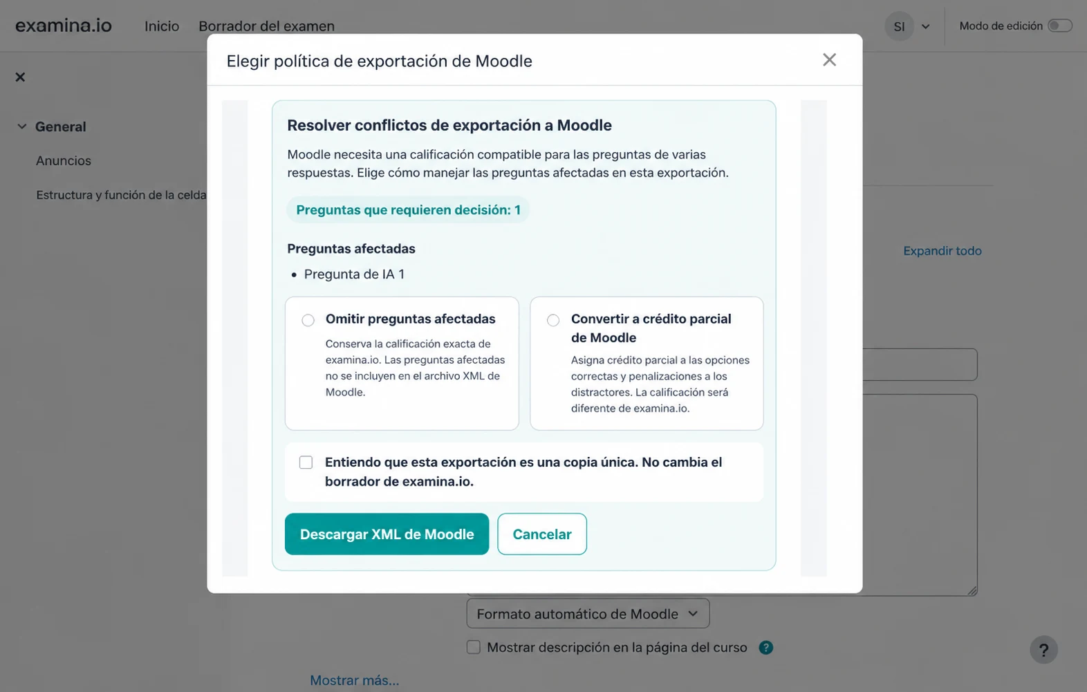 Elegir cómo Moodle manejará los conflictos de puntuación de varias opciones