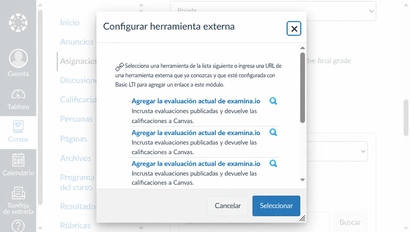 Abrir examina.io desde una tarea de Herramienta externa de Canvas