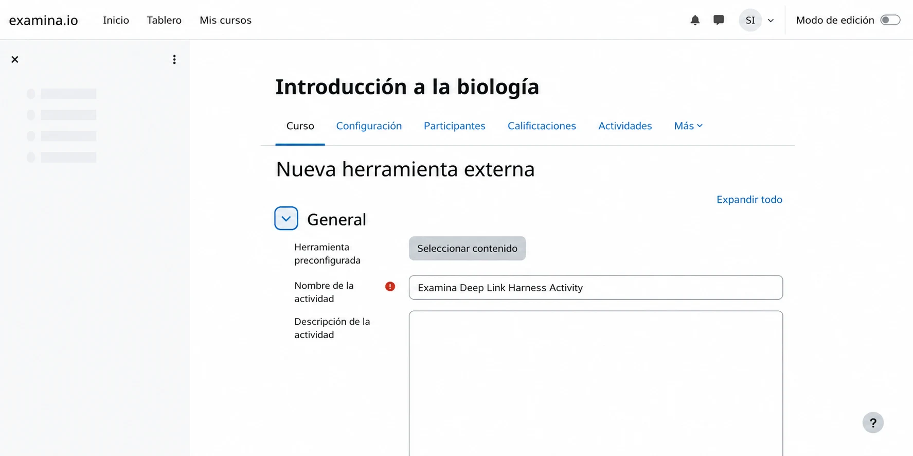 Abrir la selección de contenido de examina.io desde Moodle