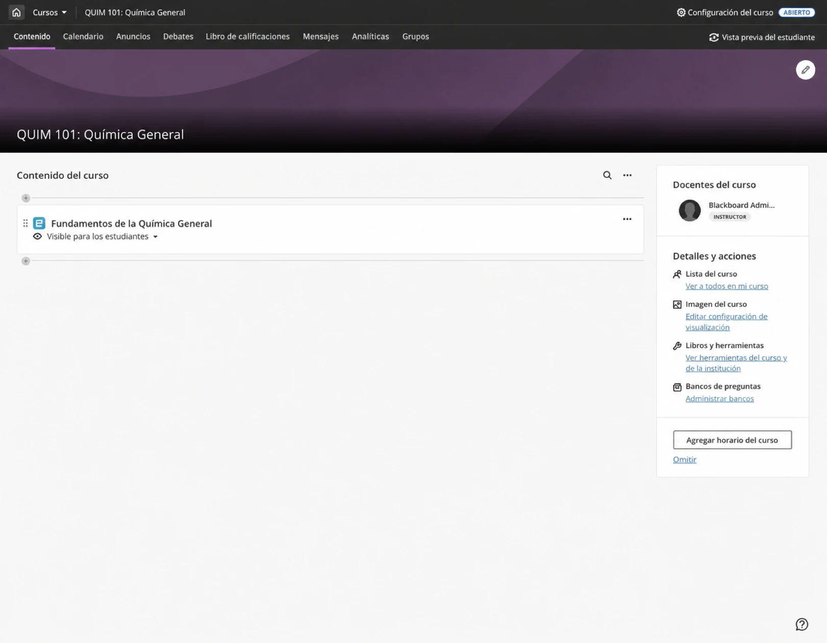 General Chemistry Fundamentals agregado a Contenido del curso de Blackboard