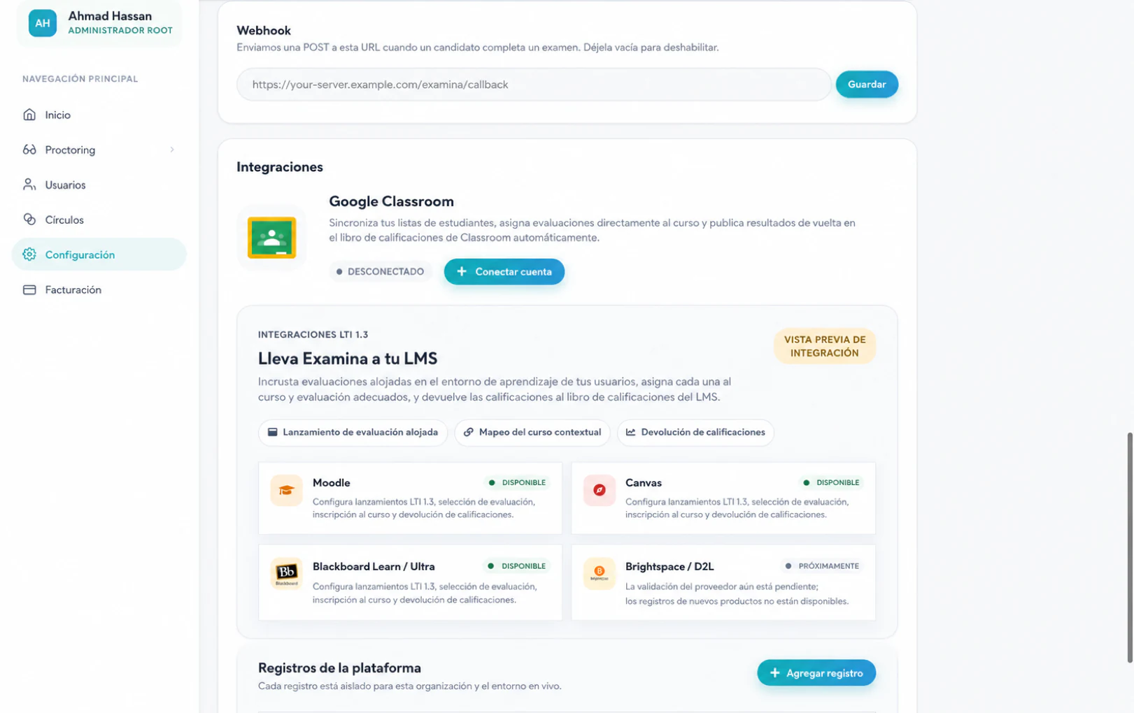 Abre el área de integración de LMS en la Configuración de examina.io