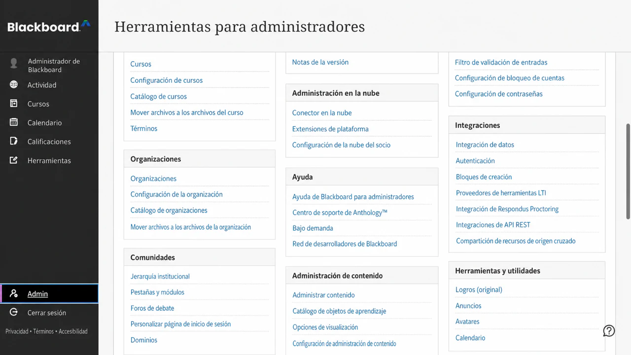 Abre Proveedores de herramientas LTI desde la sección Integraciones de las herramientas de administración de Blackboard