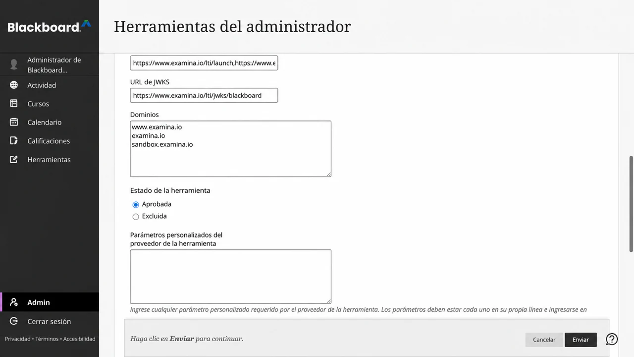 Revisa los dominios de producción de Examina y aprueba la herramienta