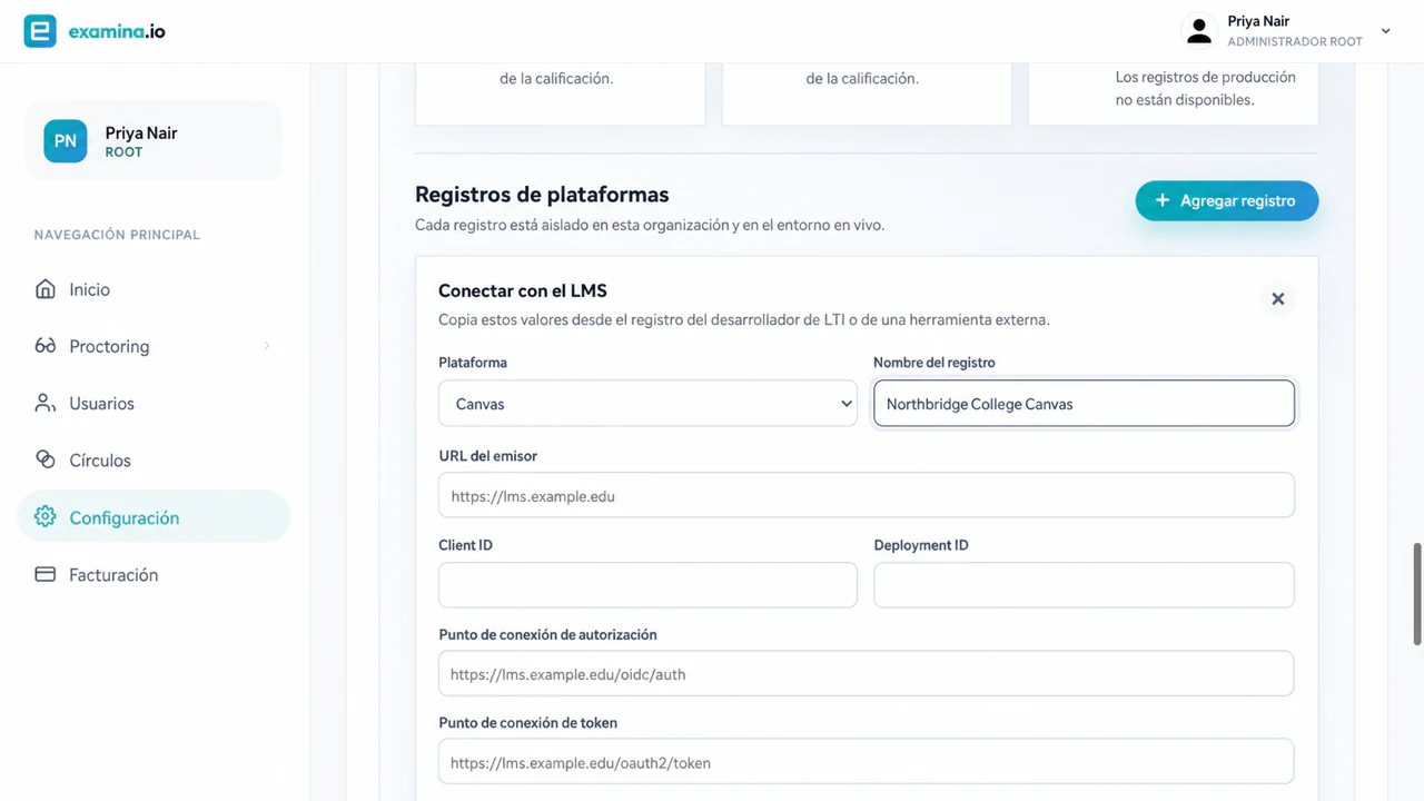 Agregar un registro de Canvas LTI 1.3 en examina.io