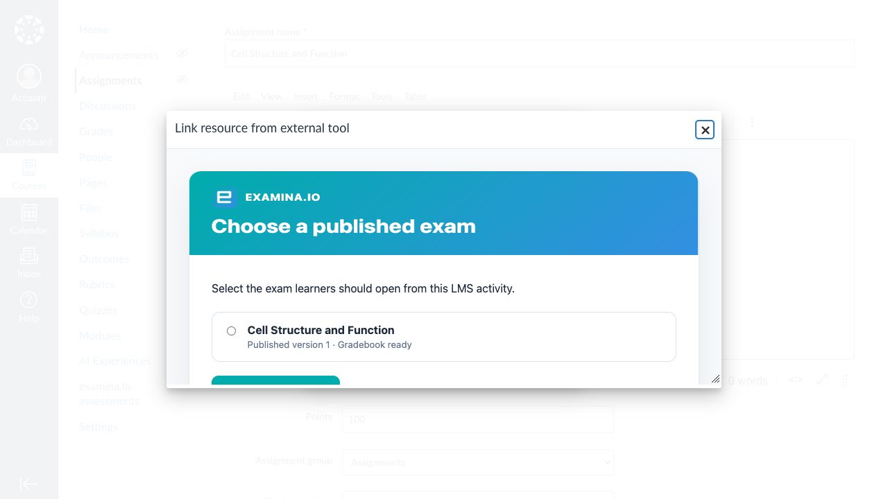 Elegir una evaluación publicada de examina.io desde Canvas