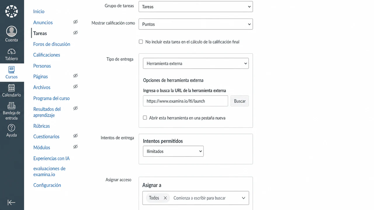 Una tarea de Herramienta externa de Canvas que utiliza la URL de inicio de producción de examina.io